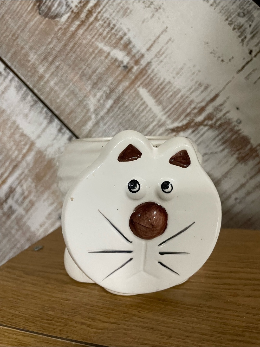 White Ceramic Cat Planter with Brown Detail